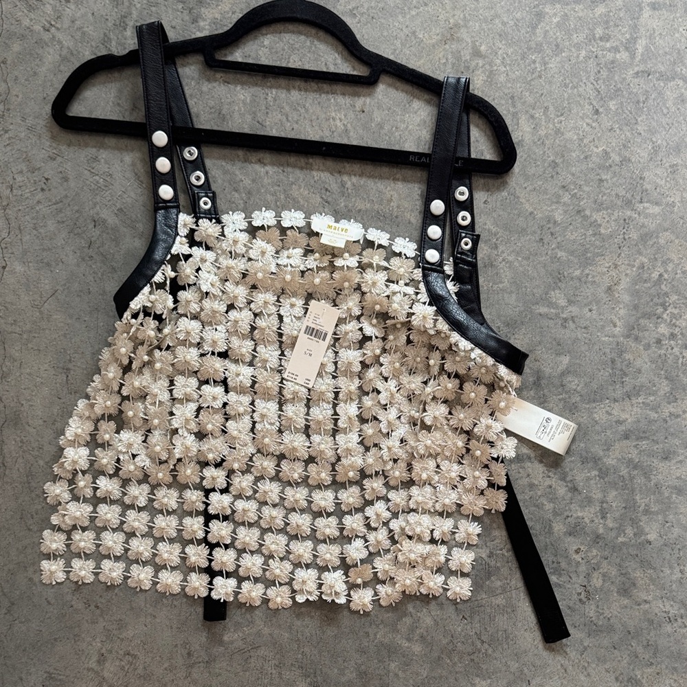 Anthropologie Cream Embellished Cropped Tank